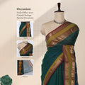 Chettinad cotton saree with checked body peacock zari woven border contrast pallu and front draped mannequin view.