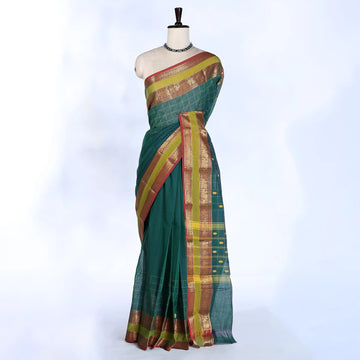 Teal Chettinad Cotton Sarees for Women | Office Wear Daily Wear & Special Occasion | Jeyachandran - Full View