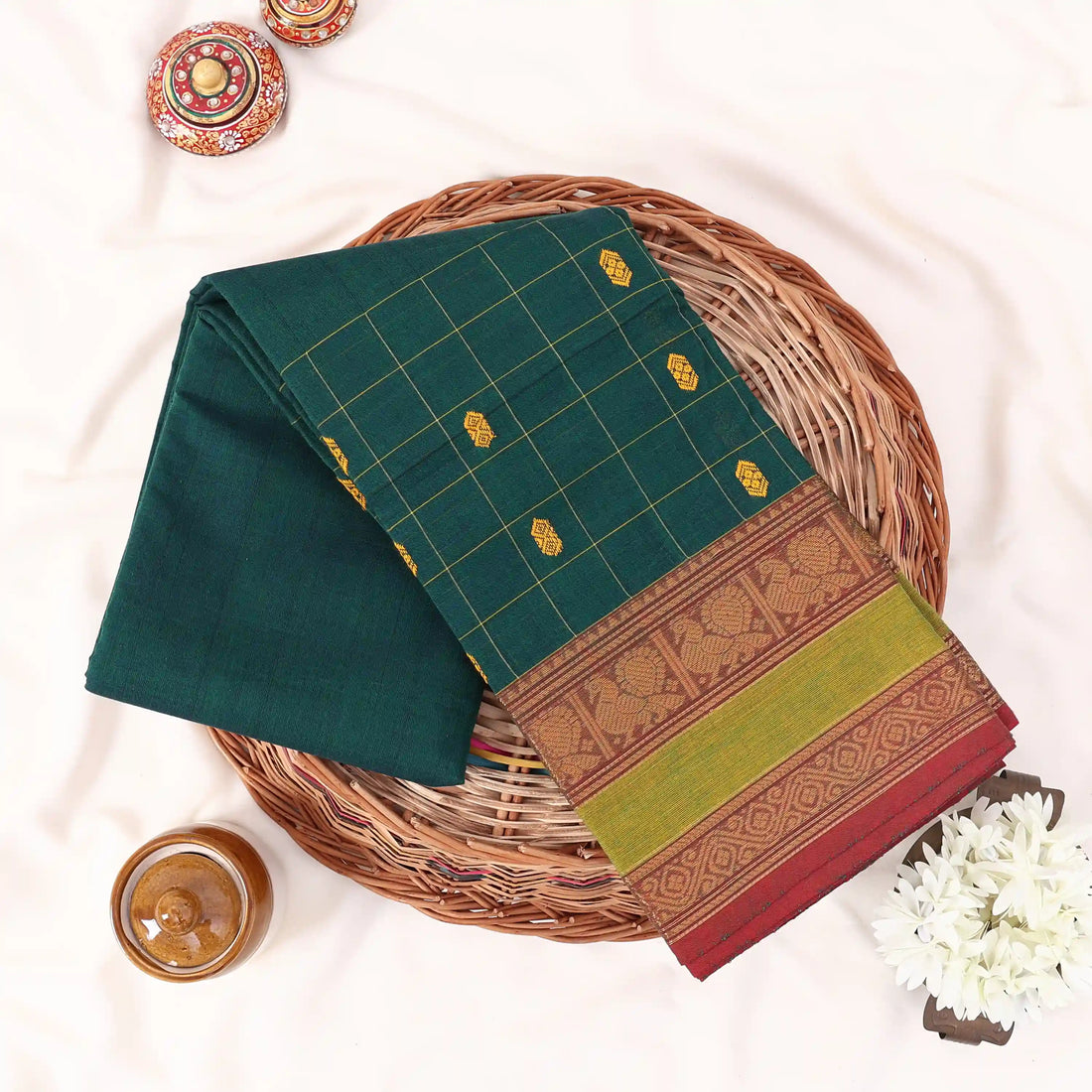 Teal Chettinad Cotton Sarees for Women | Office Wear Daily Wear & Special Occasion | Jeyachandran - Full View