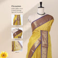 Chettinad cotton saree with broad floral zari border yellow plain body with subtle buttas front draped view on mannequin.