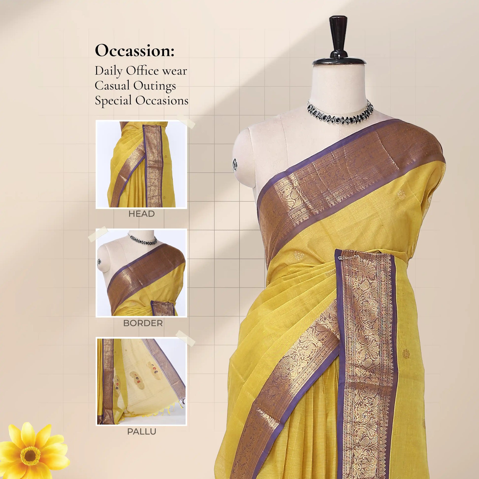 Chettinad cotton saree with broad floral zari border yellow plain body with subtle buttas front draped view on mannequin.