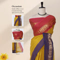 Chettinad cotton saree with yellow body pink zari border and royal blue contrast pallu front draped view on mannequin