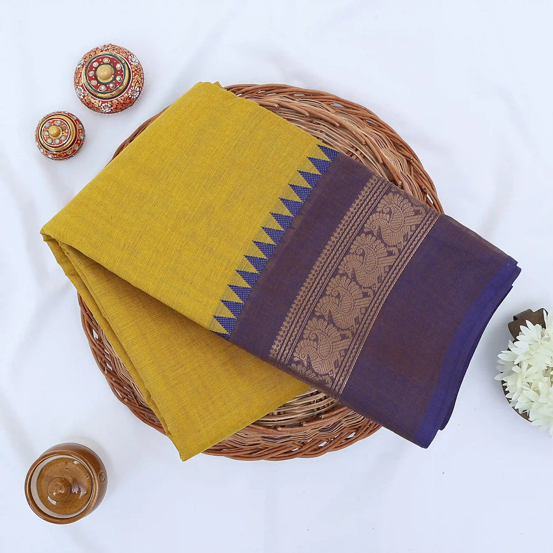 Yellow Chettinad Cotton Sarees for Women | Office Wear Daily Wear & Special Occasion | Jeyachandran - Full View