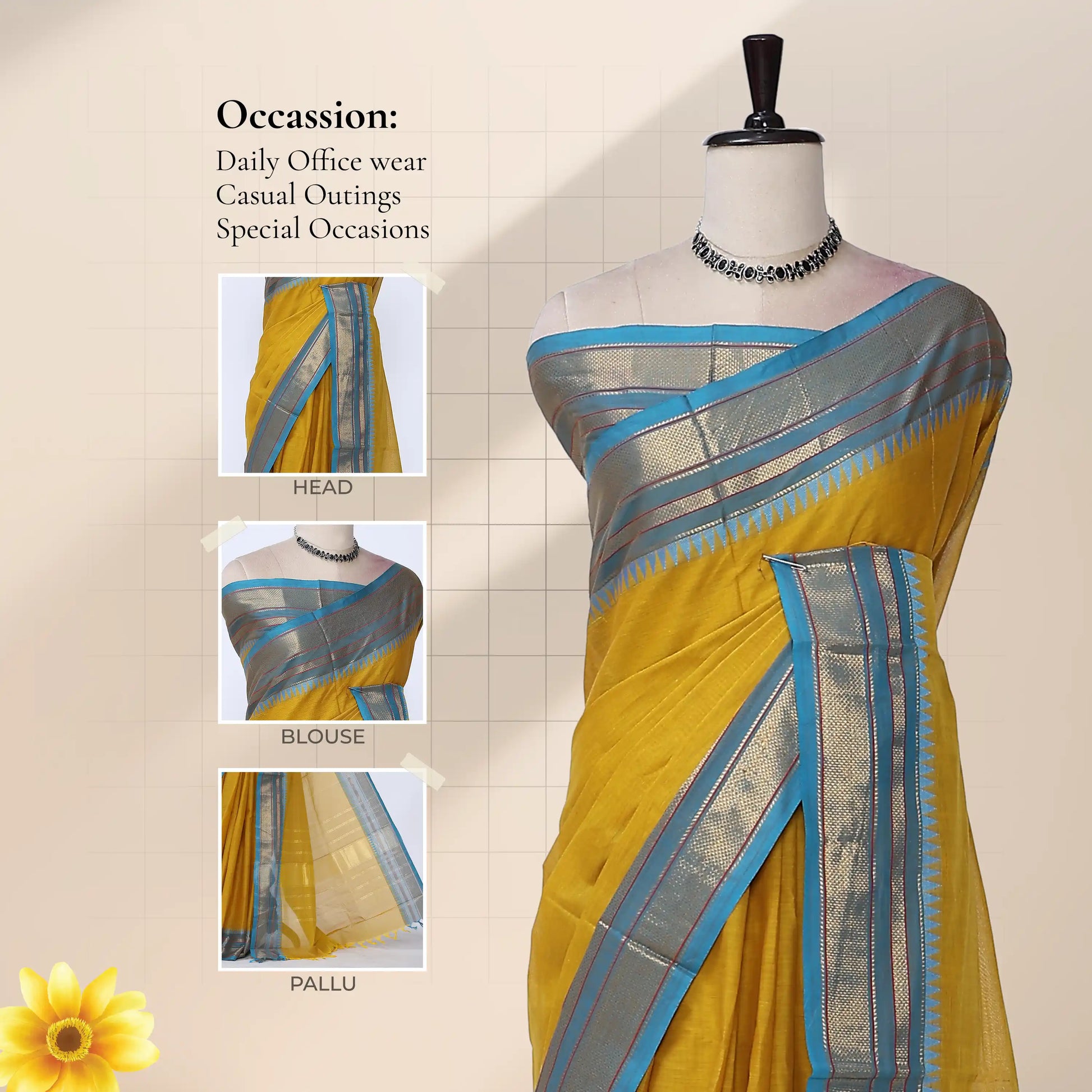 Chettinad cotton saree with wide gold zari temple border in yellow front view on mannequin with elegant pallu display.