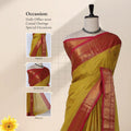 Chettinad cotton saree with yellow plain body broad pink and gold zari border front draped view on mannequin.