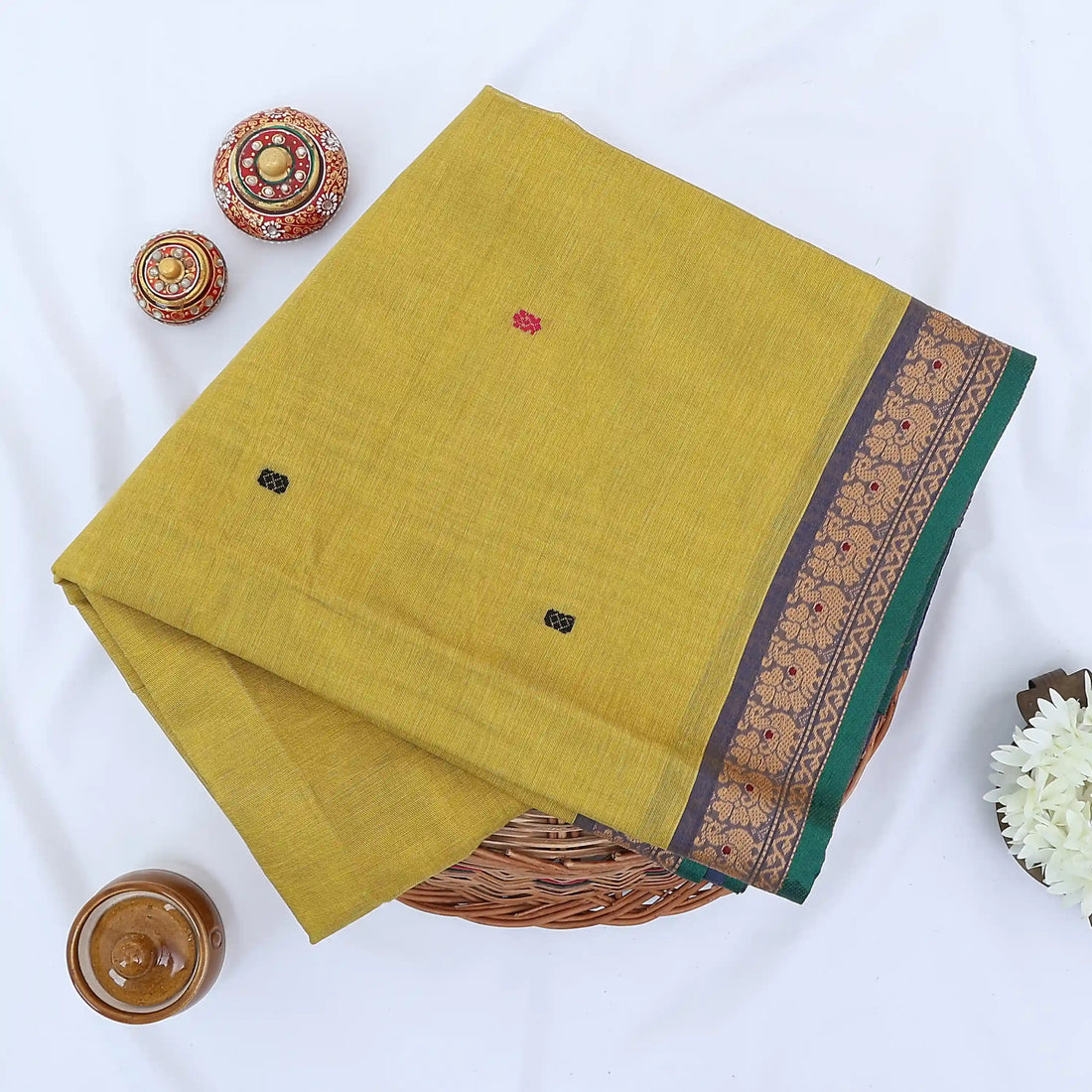 Yellow Chettinad Cotton Sarees for Women | Office Wear Daily Wear & Special Occasion | Jeyachandran - Full View