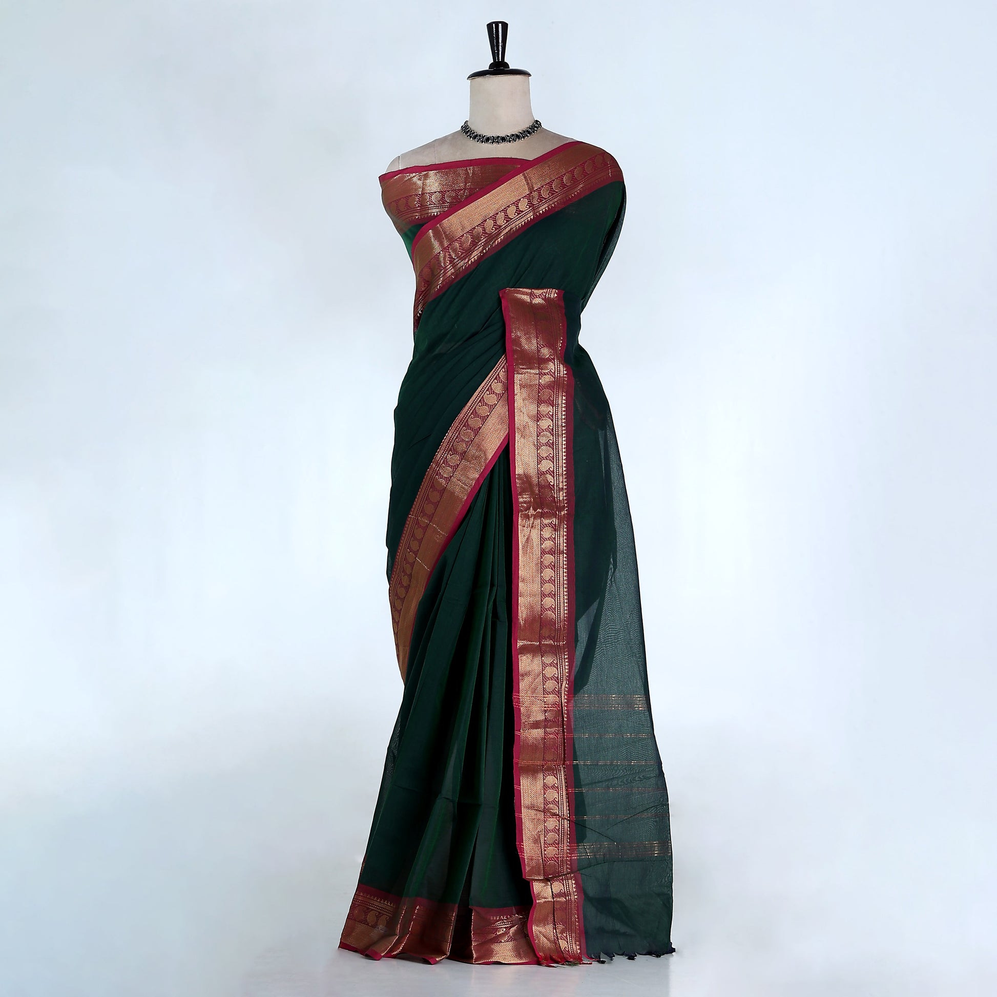 Dark Green Kanchi Cotton Saree for Women | Festive Traditional Collection | Jeyachandran -Full View
