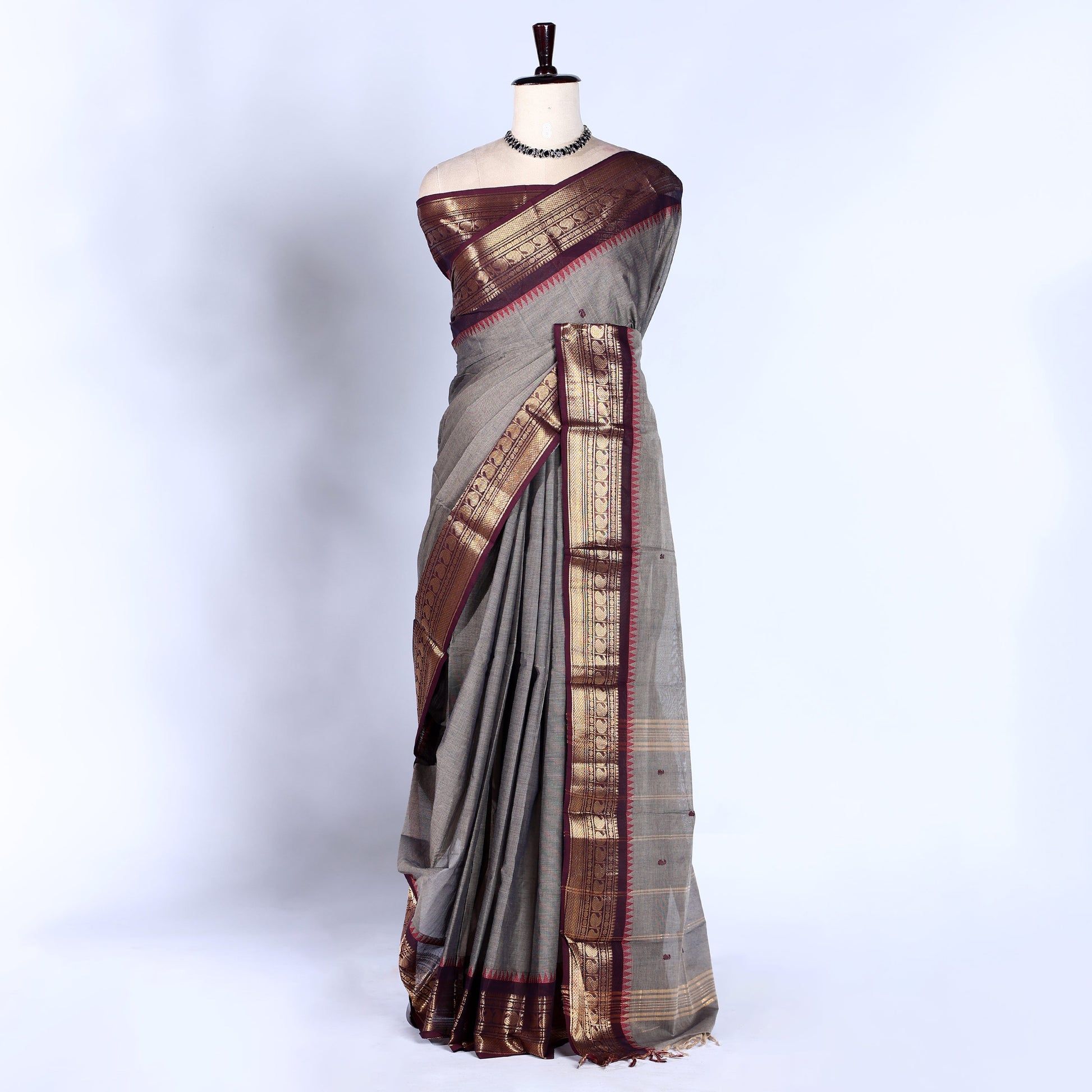 Grey Kanchi Cotton Saree for Women | Festive Traditional Collection | Jeyachandran -Full View
