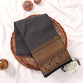 Traditional Kanchi Cotton Saree In Grey With Broad Gold Brocade Border Front View On Mannequin
