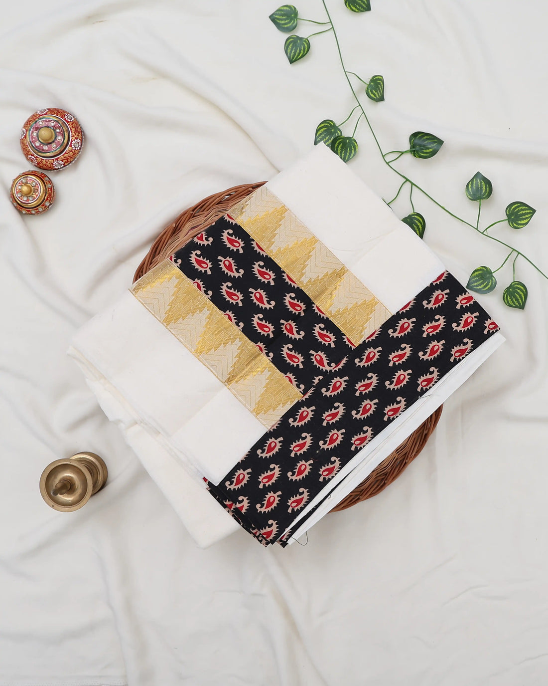 White cotton saree with black printed border and matching printed blouse - full view