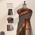 Chettinad cotton saree with zari border in light brown and maroon front draped view with close up detail