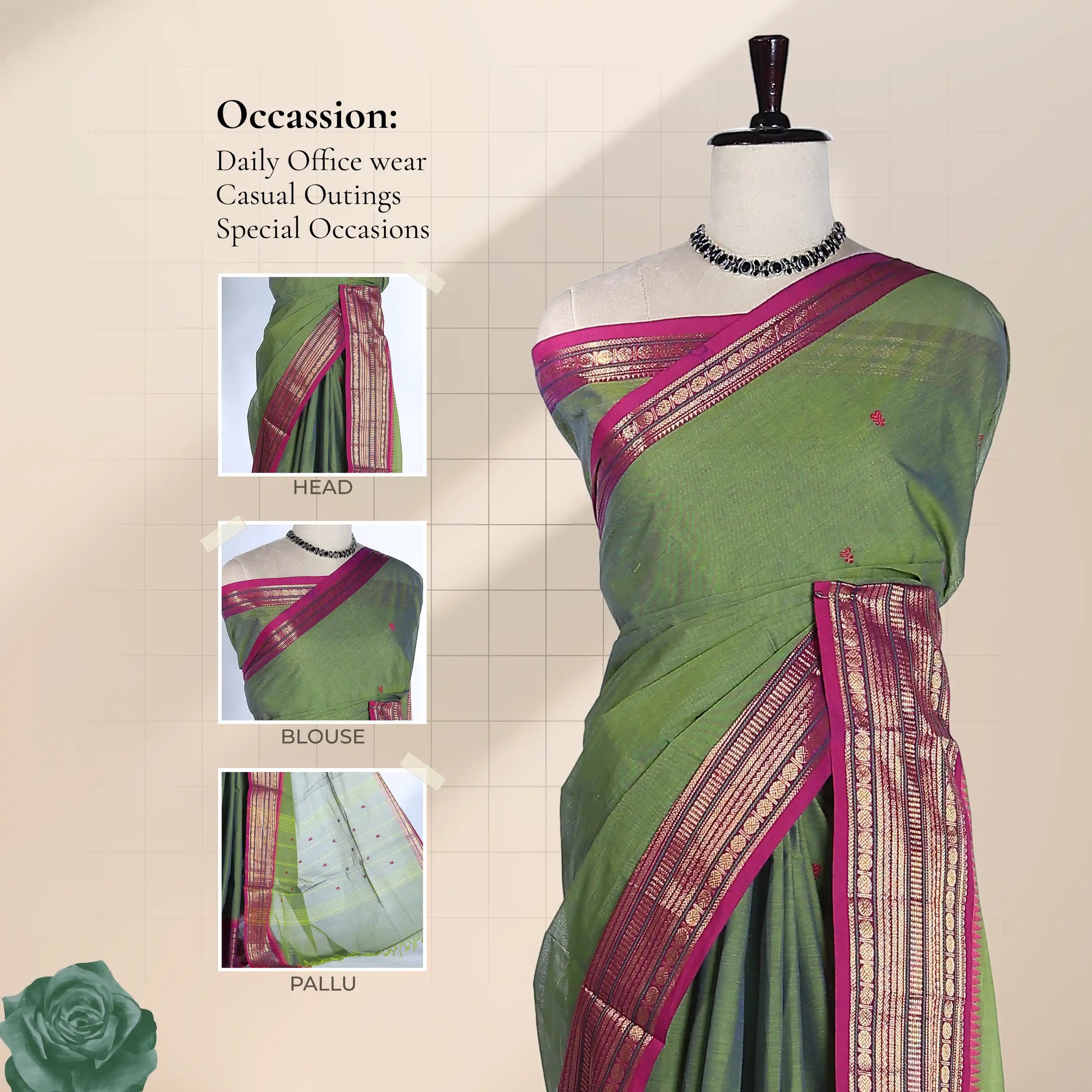 Chettinad cotton saree with green body and contrast pink Korvai zari border front draped mannequin view.