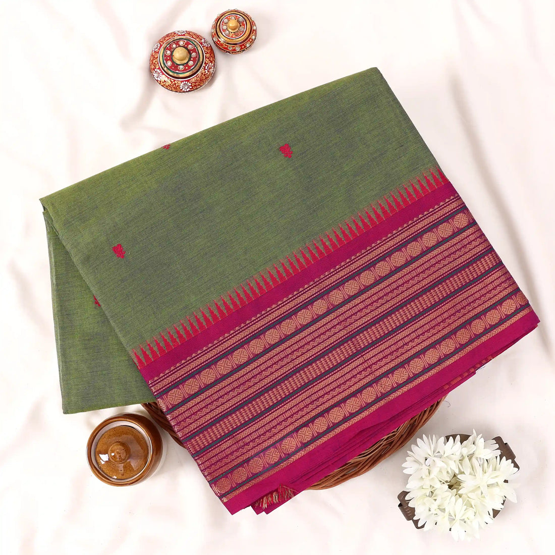 Green Chettinad Cotton Sarees for Women | Office Wear Daily Wear & Special Occasion | Jeyachandran - Full View