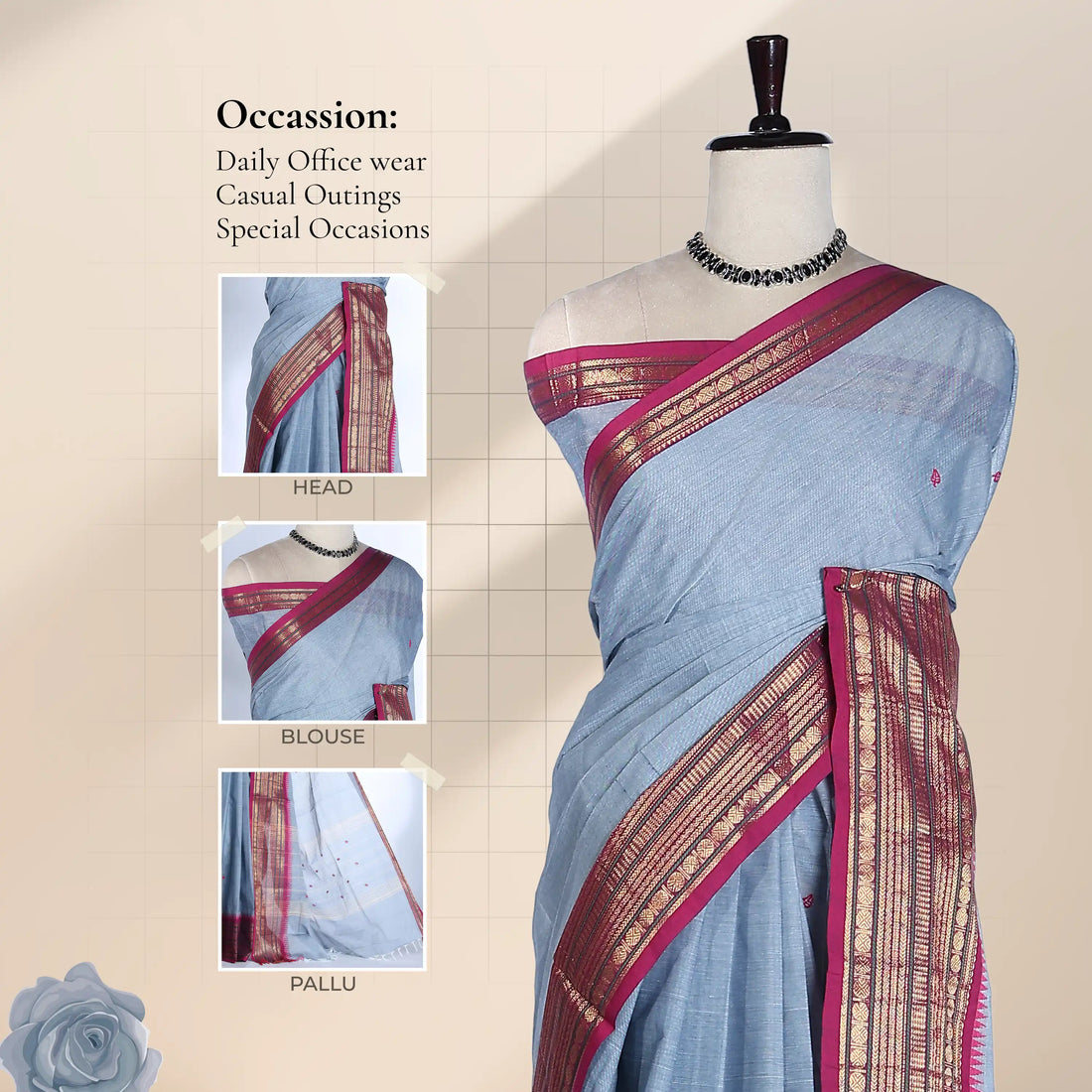 Light Grey Chettinad Cotton Sarees for Women | Office Wear Daily Wear & Special Occasion | Jeyachandran - Full View