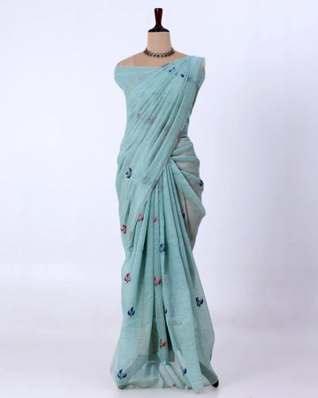 Linen Cotton Saree For Women | Traditional Wear, Festive Wear, Casual Wear | Jeyachandran - Teal