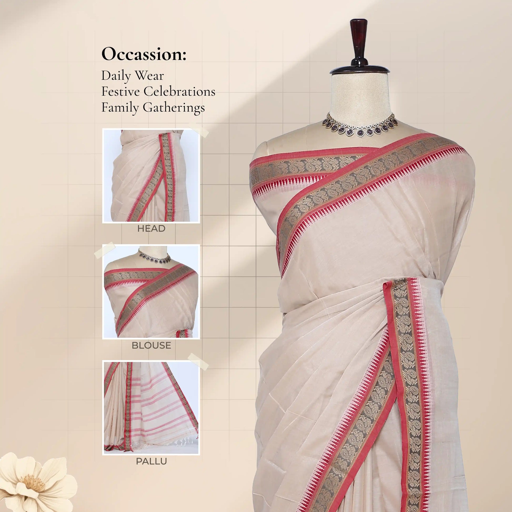 Narayanpet Cotton saree with beige body and silver zari woven border, with head pallu and blouse detail