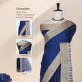 A royal blue saree with a beige border and a blue-and-beige striped pallu with detail of  HEAD' BLOUSE, and PALLU.