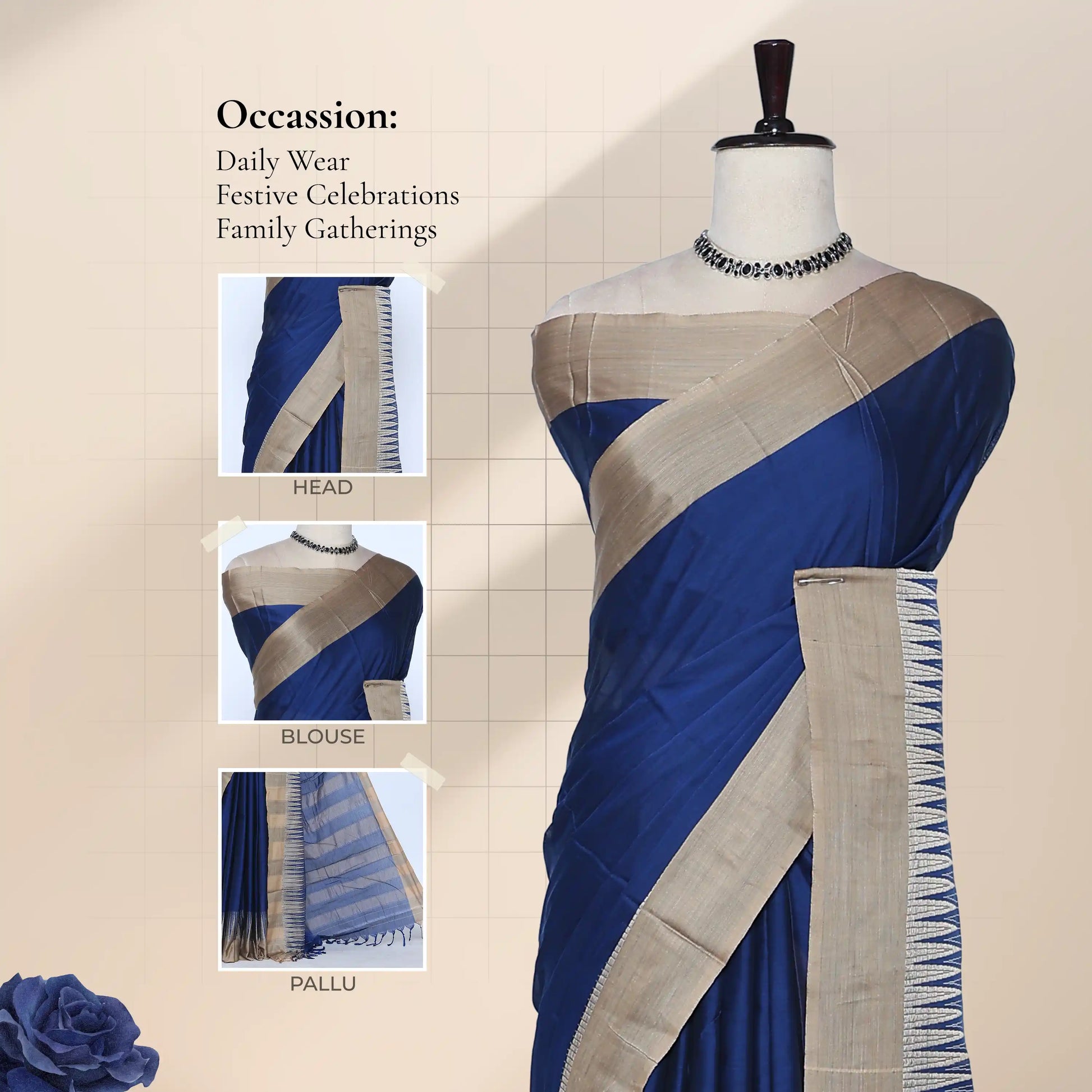 A royal blue saree with a beige border and a blue-and-beige striped pallu with detail of  HEAD' BLOUSE, and PALLU.