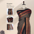 A dark brown saree with red, black, and gold woven borders with 'HEAD', 'BLOUSE', and 'PALLU' details