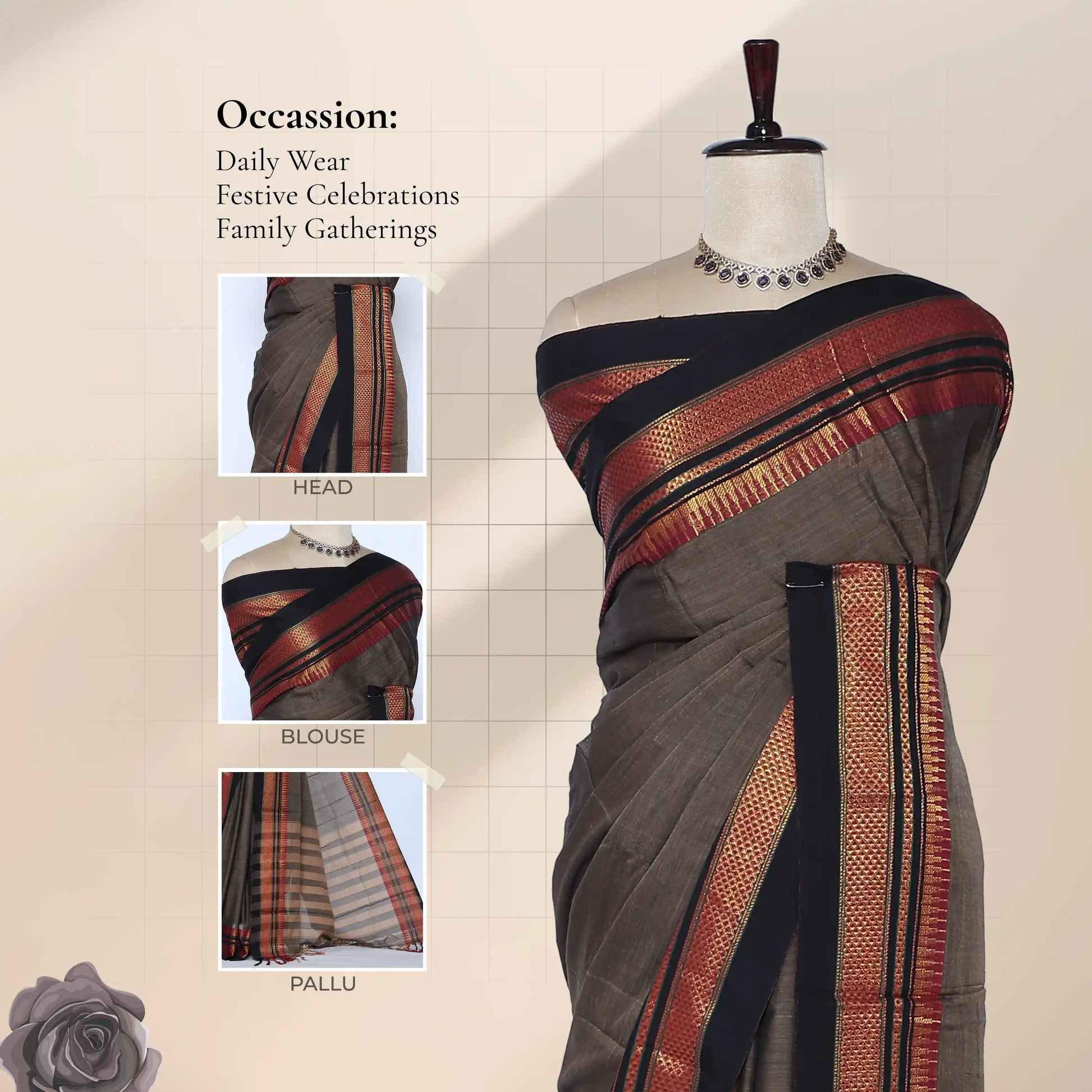 A dark brown saree with red, black, and gold woven borders with 'HEAD', 'BLOUSE', and 'PALLU' details