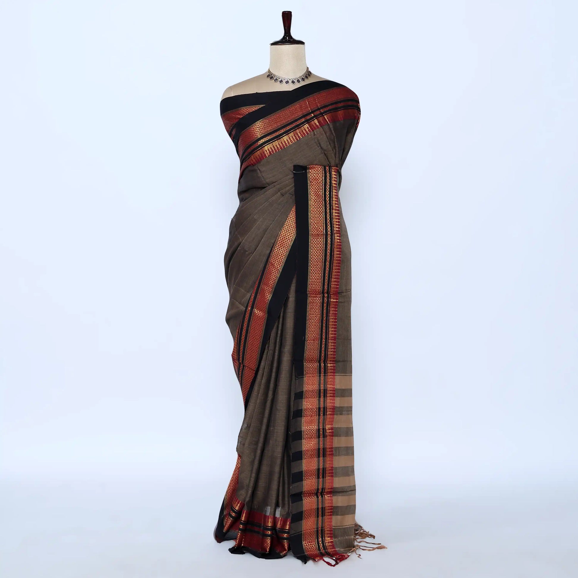 Narayanpet Cotton saree with grey body and gold zari woven border, front drape view