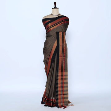 Narayanpet Cotton saree with grey body and gold zari woven border, front drape view