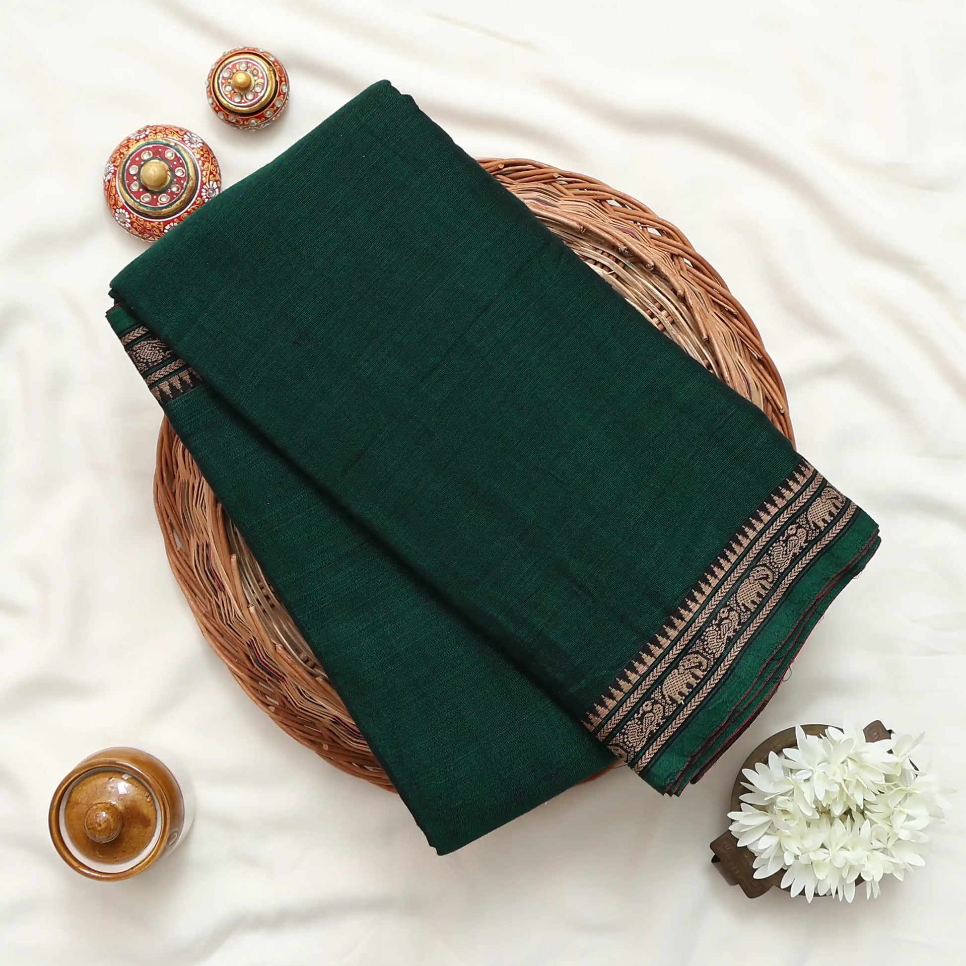 Narayanpet Cotton Saree with Elephant & Peacock Zari Woven Border Dark Green Front Folded Top View