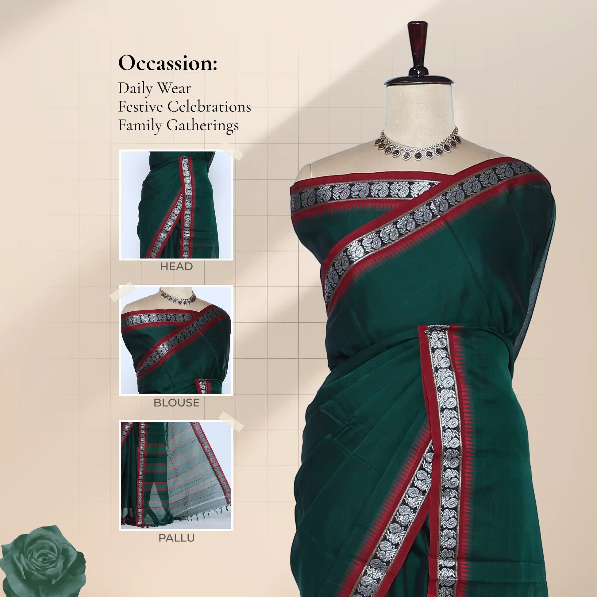 Narayanpet Cotton saree with deep teal body and red zari woven border, with head blouse and pallu details