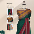 A dark green saree with a mustard yellow and maroon patternedwith head blouse and pallu details
