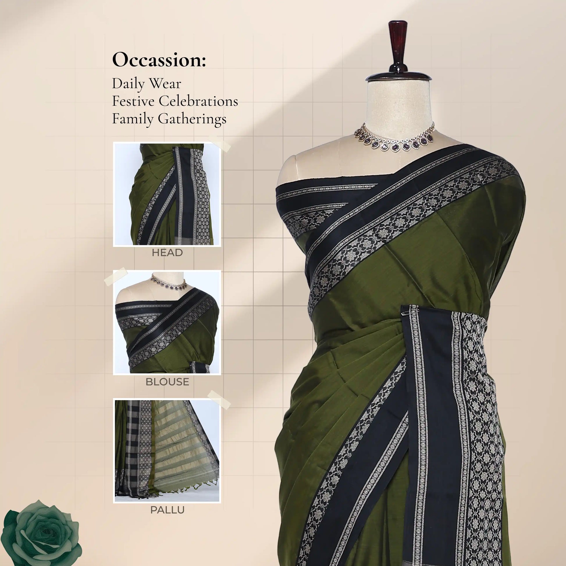 An olive green saree with a black and silver patterned border, with head, blouse, and pallu