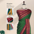 A green saree with deep magenta and gold zari borders with inset close-ups showing the head, blouse, and pallu details 