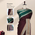 A dark maroon and emerald green saree with beige and green zari borders with head, blouse, and pallu details