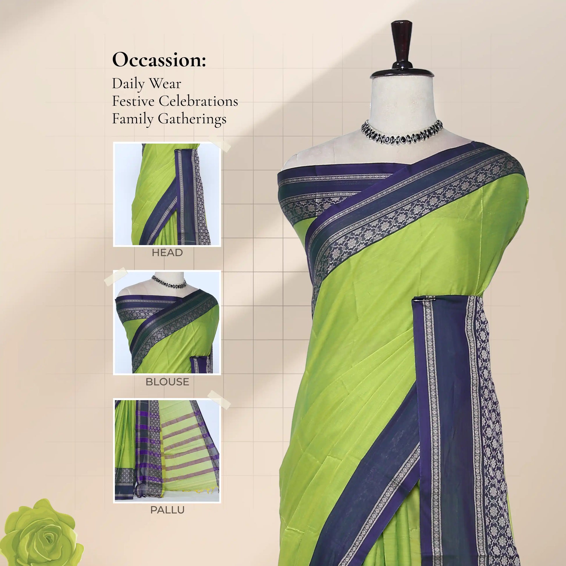 A lime green and navy blue saree with head, blouse, and pallu details