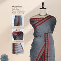 Narayanpet Cotton saree withgrey body and red zari woven border, with head pallu and blouse details