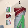 A light gray saree with a deep red border and a bright green pallu,  includes 'HEAD', 'BLOUSE', and 'PALLU' details