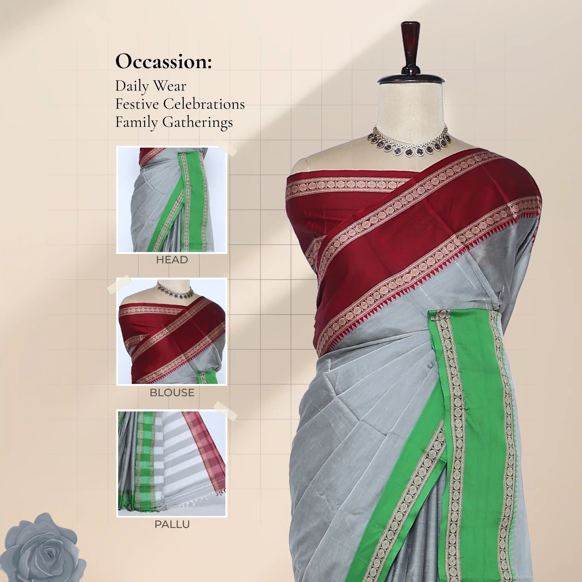 A light gray saree with a deep red border and a bright green pallu,  includes 'HEAD', 'BLOUSE', and 'PALLU' details