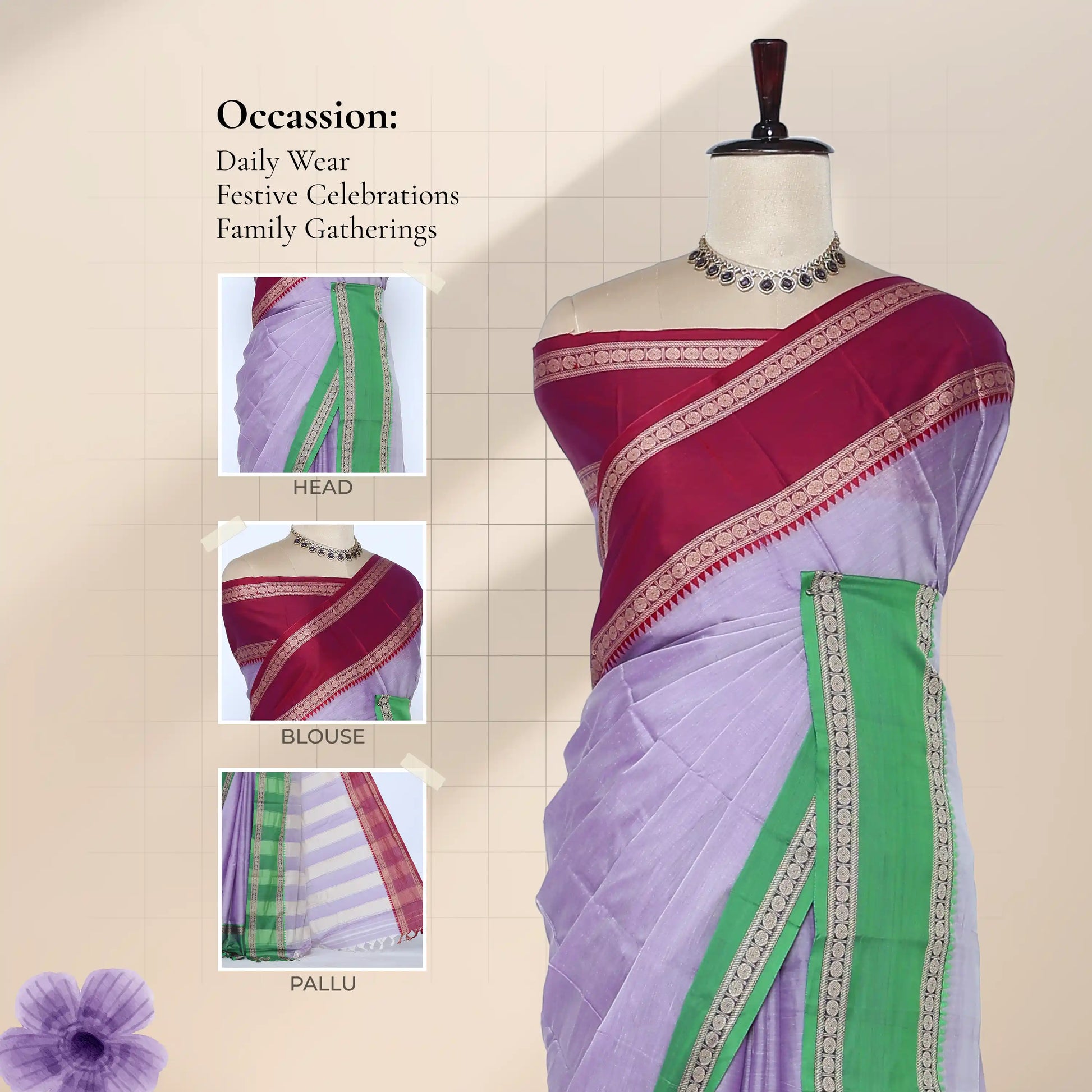 A lavender and magenta saree with green borders and gold zari detailing, with close-ups of the head, blouse, and pallu