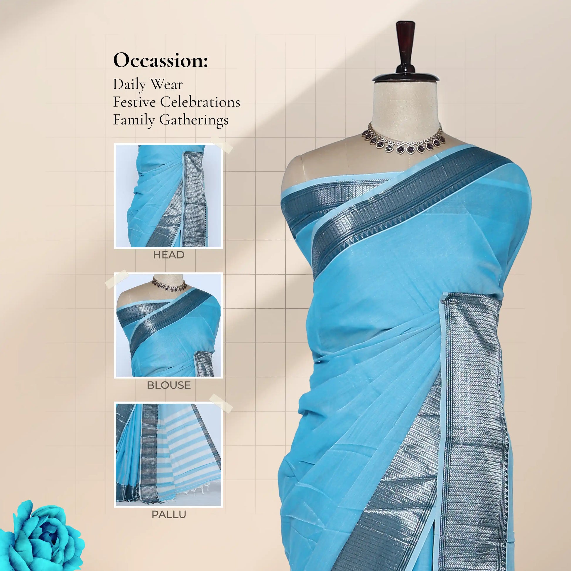 A light blue saree with a metallic silver border with inset detail of head, blouse, and pallu. 