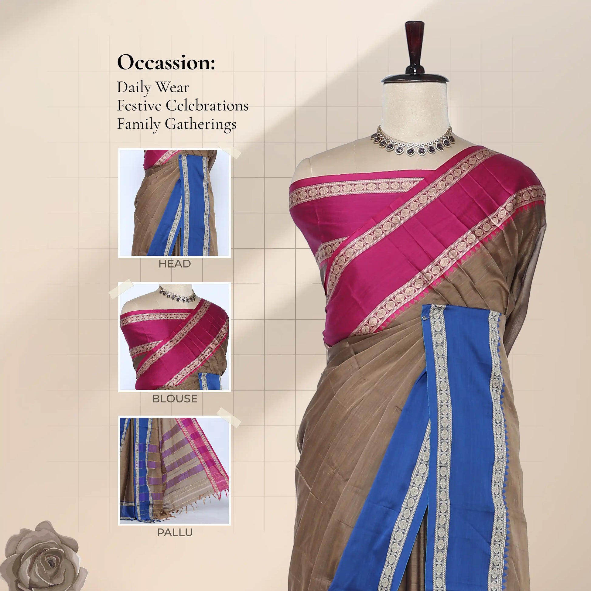 A beige and royal blue saree with detail of  head, blouse, and pallu 
