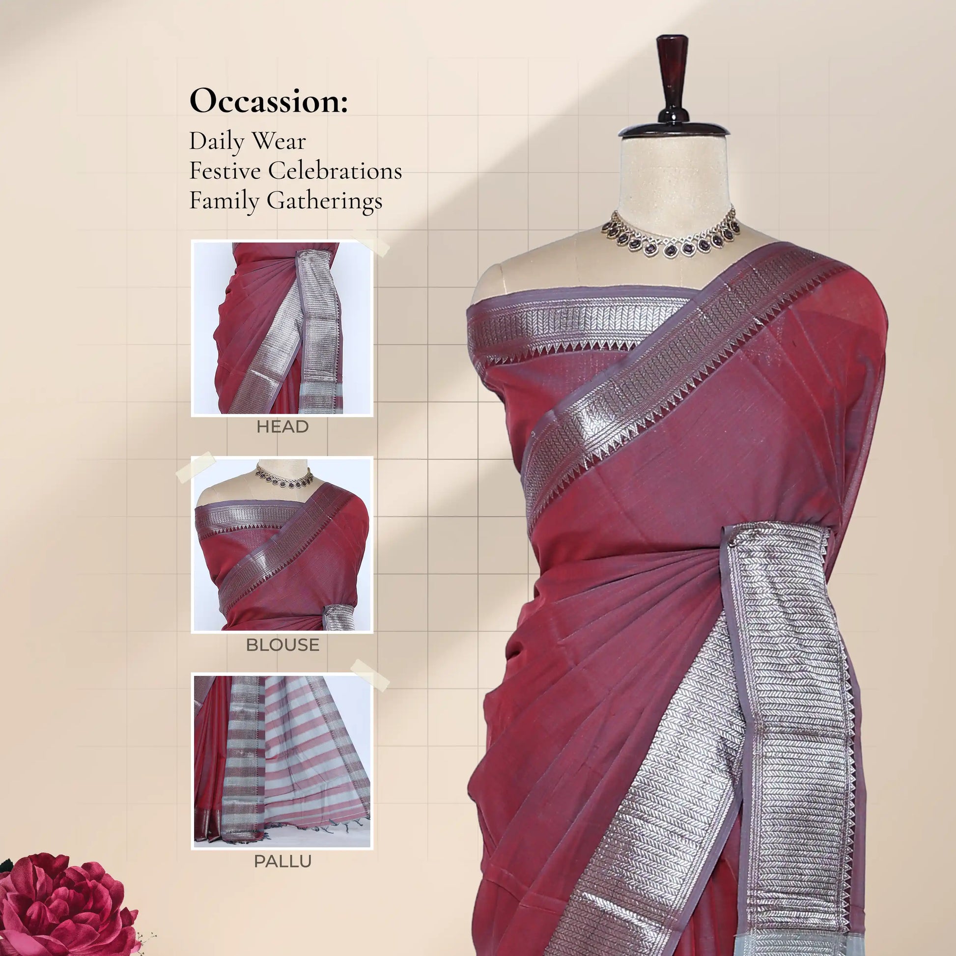A maroon and silver saree with head, blouse, and pallu details. 