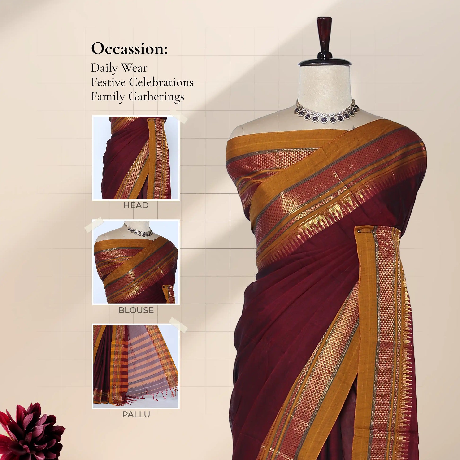 A deep maroon and gold saree with inset detail of head, blouse, and pallu. 
