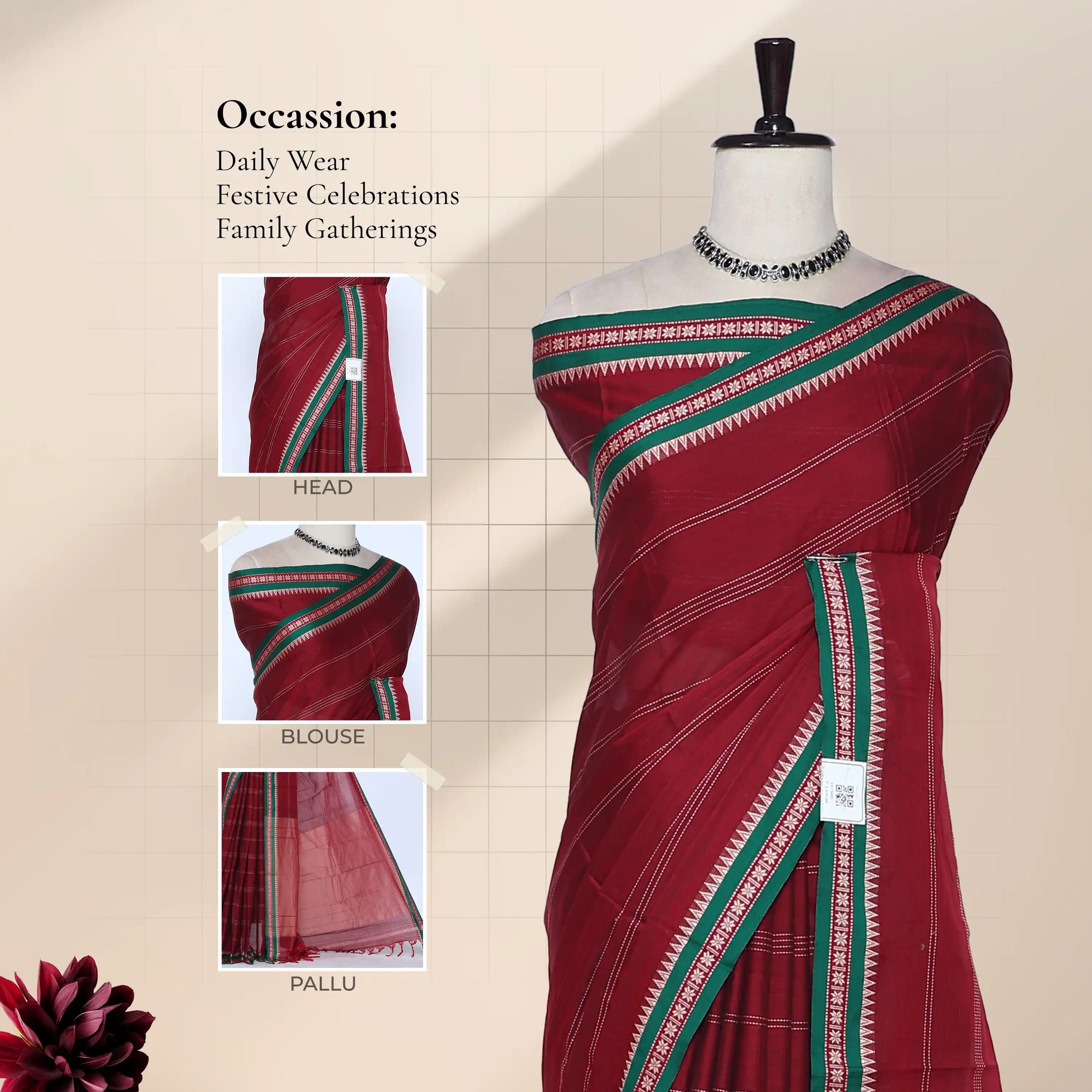 A deep red saree with green and white border patterns  along head , blouse, and pallu. 