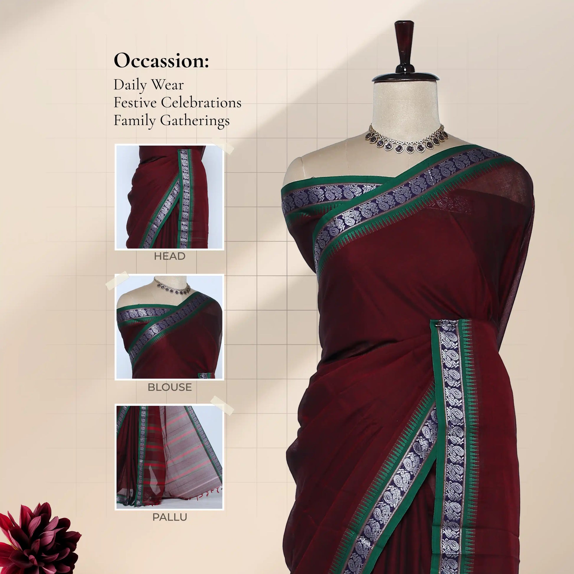 Narayanpet Cotton saree with deep purple body and silver zari woven border, with head, blouse, pallu details