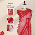 A pink and red saree with gold stripes with detail of blouse, head, and pallu. 