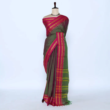 Green and magenta saree with gold striped border 