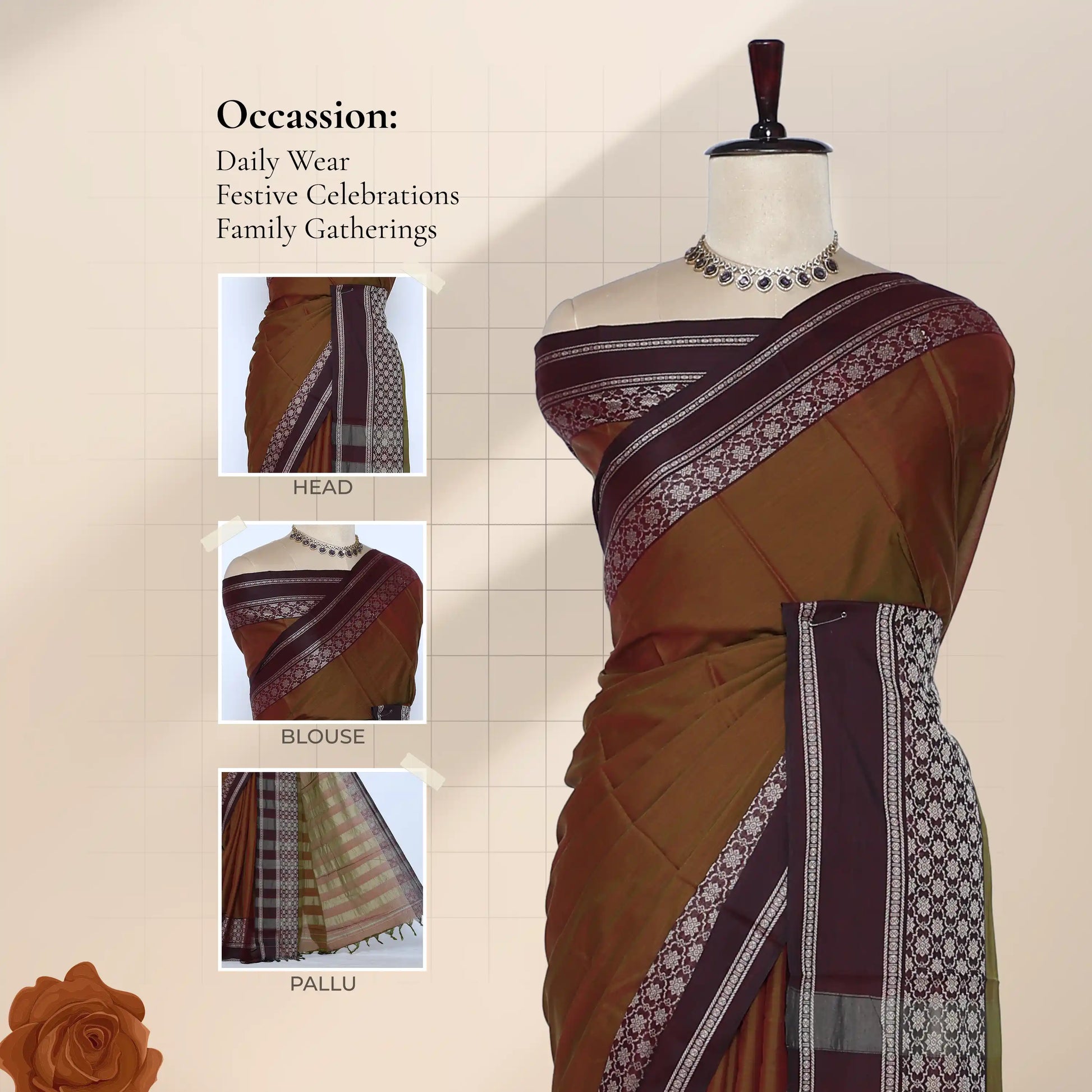A brown and dark purple saree with a white patterned borderwith detail of  blouse, head wrap, and pallu.