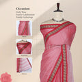 Narayanpet Cotton saree with pink body and red zari woven border, with head blouse and pallu details