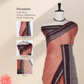 A peach and dark brown patterned saree  with inset detail photos of the head, blouse, and pallu. 