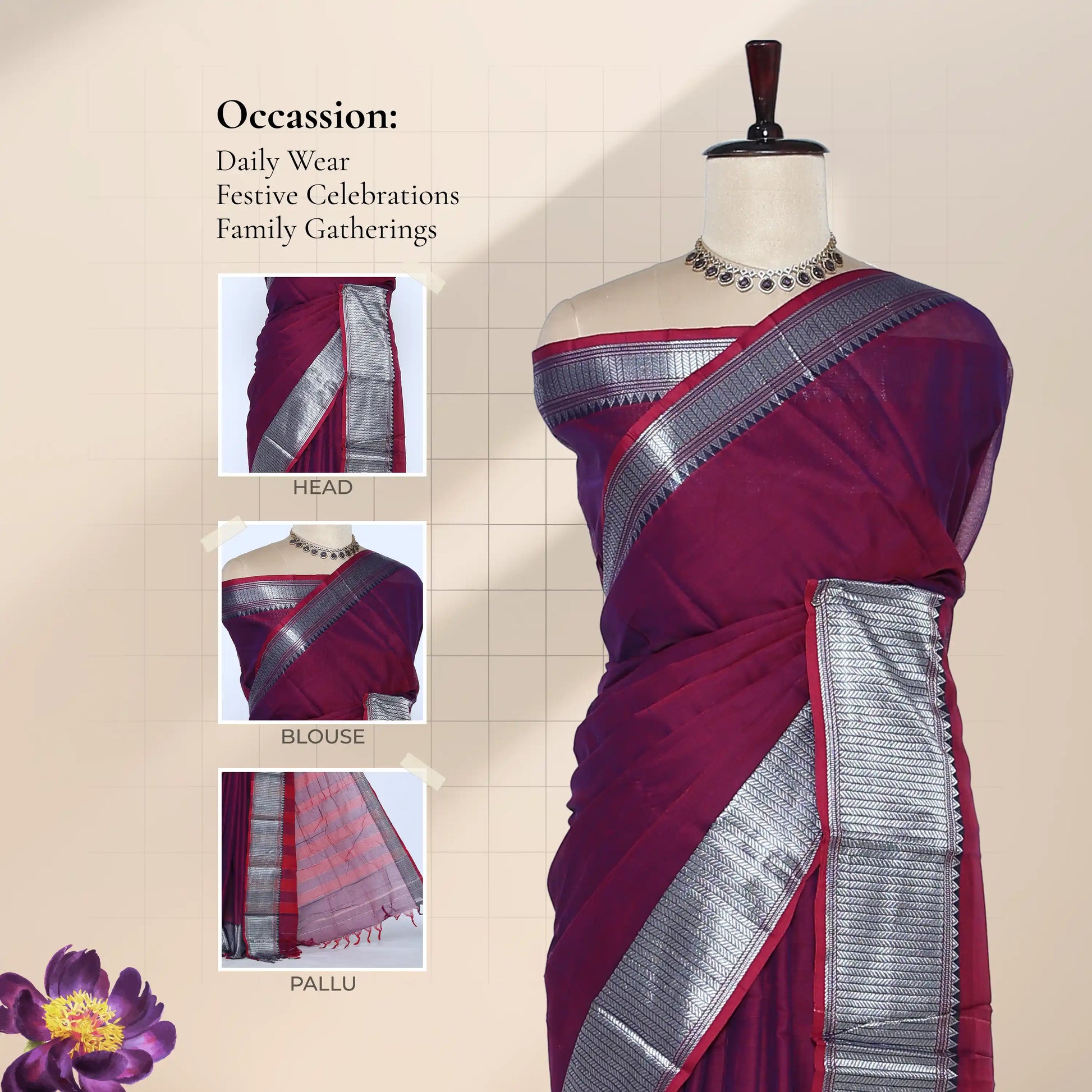 A deep purple saree with a wide silver metallic border and pallu,with head, blouse, and pallu details