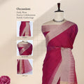 A deep magenta pink and light beige saree with inset images showing the head, blouse, and pallu details. 